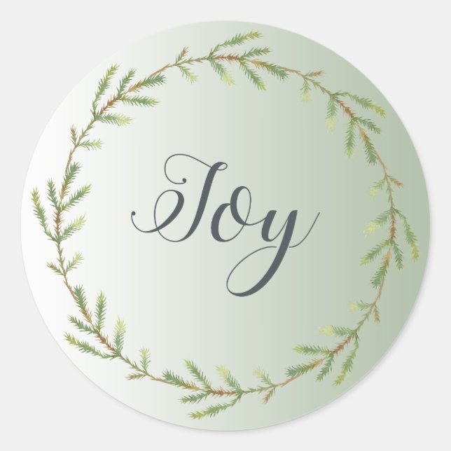 Chic Script Joy Foliage Wreath Green Weihnachten Runder Aufkleber (Vorderseite)