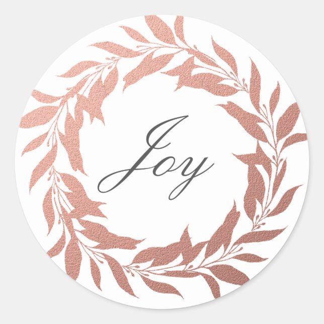 Chic Script Joy Rose Gold Wreath Weihnachten Runder Aufkleber (Vorderseite)