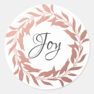 Chic Script Joy Rose Gold Wreath Weihnachten Runder Aufkleber