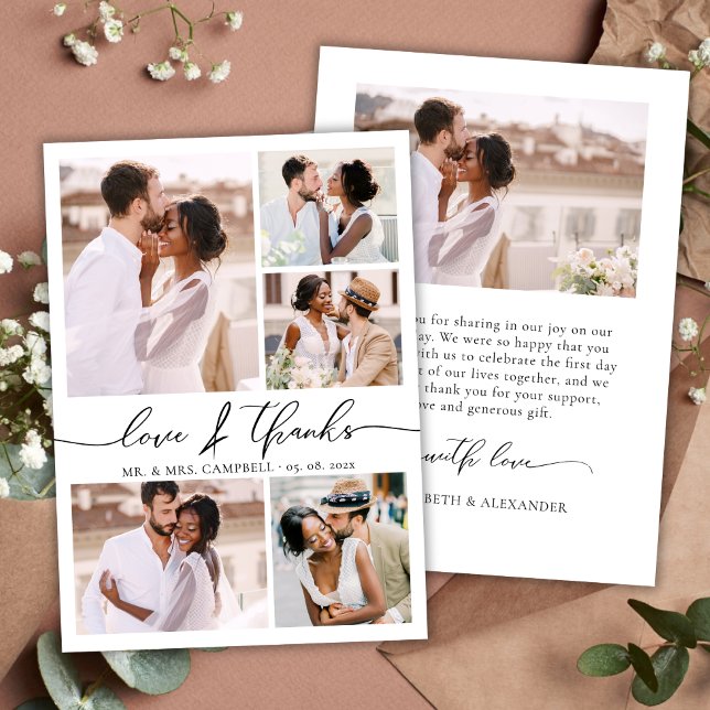 Chic Script-Liebe und dank Foto Collage Hochzeit Dankeskarte (Von Creator hochgeladen)