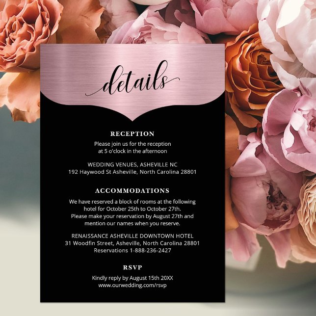 Chic Script Metallic Rose Gold Details Hochzeit Begleitkarte (Von Creator hochgeladen)