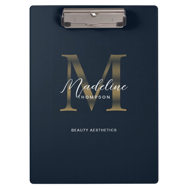 Chic Script Metallisch Navy Blau Gold Monogramm Klemmbrett (Vorderseite)