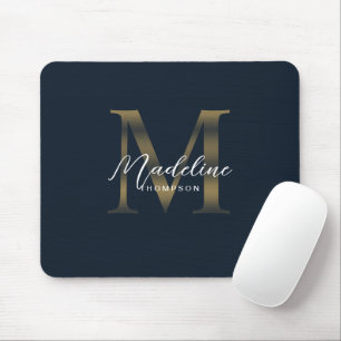 Chic Script Metallisch Navy Blau und Gold Monogram Mousepad