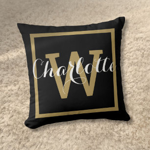 Chic Script Moderne Gold Monogramm Schwarz Kissen