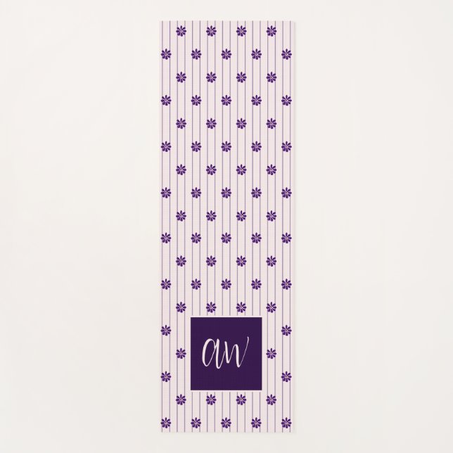 Chic Script Monogramm Blumen Rosa Violett Gestreif Yogamatte (Vorderseite)