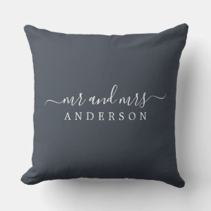 Chic Script Mr. Charcoal Blue Newlywed Monogram Kissen