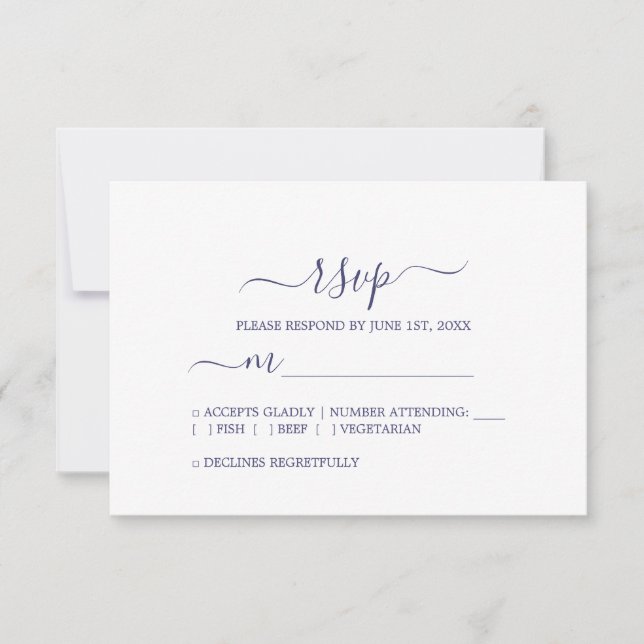 Chic Script Navy Blue Minimal Wedding RSVP Karte (Vorderseite)