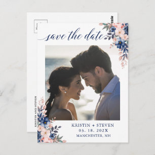 Chic Script Navy Peach Floral Foto Save the Date Postkarte