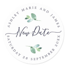 Chic Script New Date Postponed Wedding Label