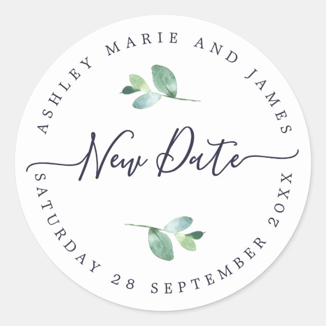Chic Script New Date Postponed Wedding Label Runder Aufkleber (Vorderseite)