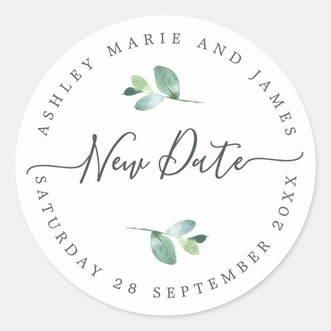Chic Script New Date Postponed Wedding Label Runder Aufkleber (Vorderseite)