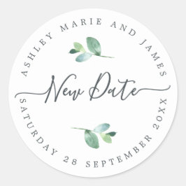 Chic Script New Date Postponed Wedding Label Runder Aufkleber