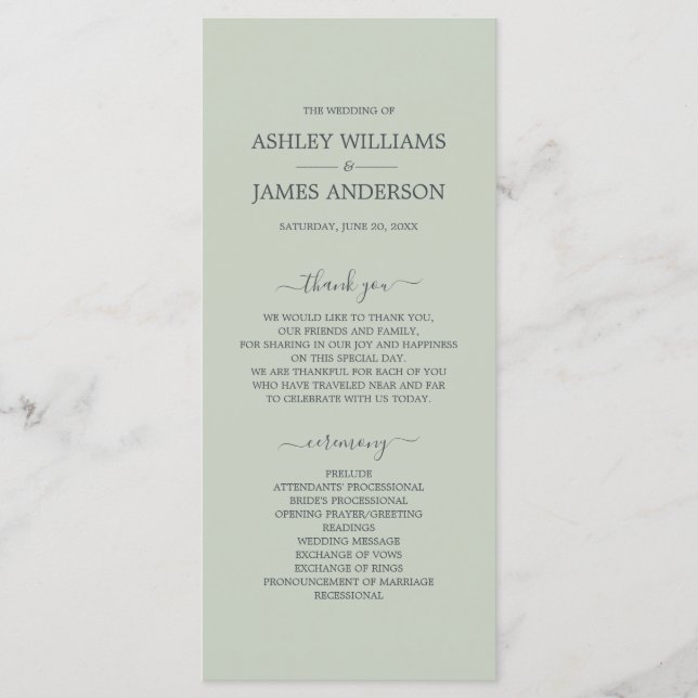 Chic Script Pastel Green einfache Minimal-Hochzeit Programm (Vorderseite)