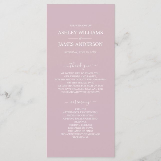 Chic Script Pastel Lila einfache Minimal Hochzeit Programm (Vorderseite)