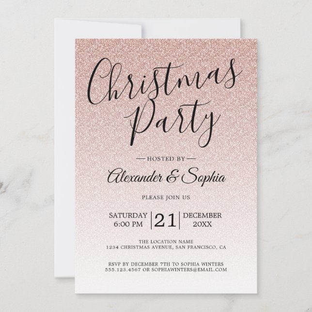 Chic Script Pink Glitzer Ombre Party Einladung (Vorderseite)