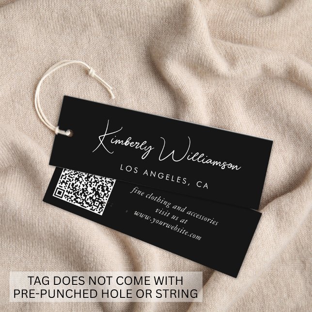 Chic Script QR Code Black Clothing Tag (Empower your name in our signature script as your logo and brand identity)