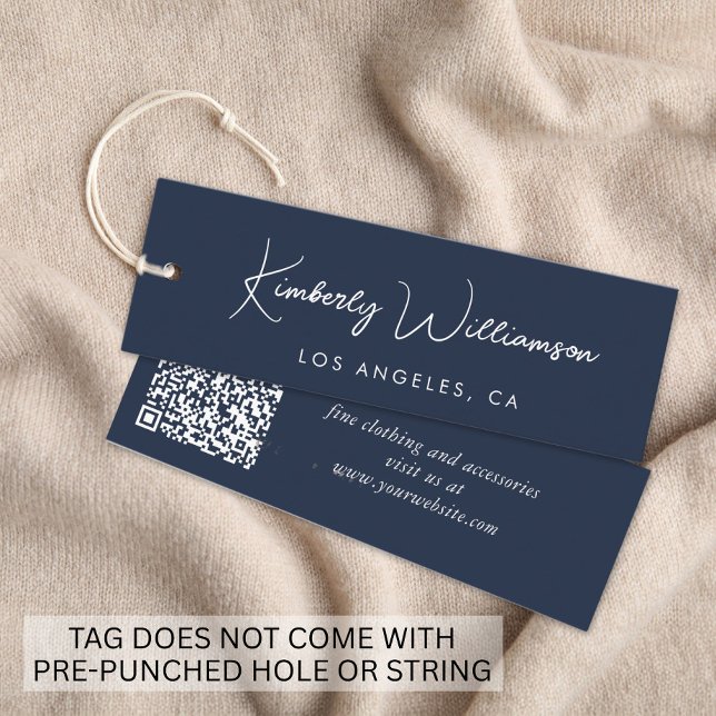 Chic Script QR-Code Blaues Kleidungsetikett Mini Visitenkarte (Empower your name in our signature script as your logo and brand identity)