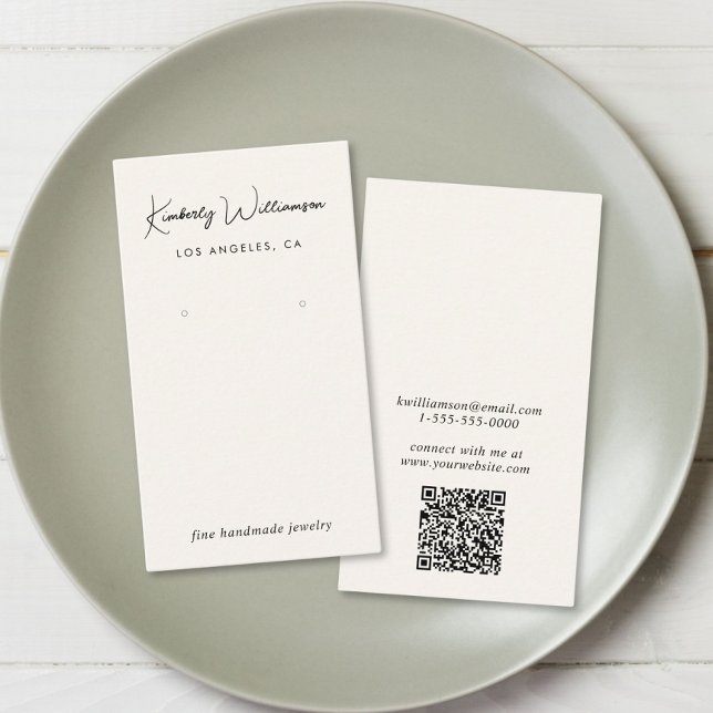 Chic Script QR Code Cream Earring Display Card Visitenkarte (Empower your name in our signature script as your logo and brand identity)