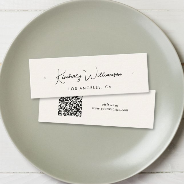 Chic Script QR Code Earring Cream Display Card Mini Visitenkarte (Empower your name in our signature script as your logo and brand identity)