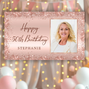 Chic Script Rose Gold Glitzer Foto 50. Geburtstag Banner