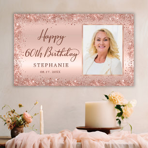 Chic Script Rose Gold Glitzer Foto 60. Geburtstag Banner