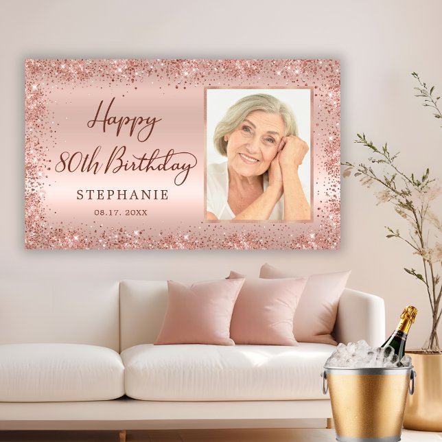 Chic Script Rose Gold Glitzer Foto 80. Geburtstag Banner (Von Creator hochgeladen)