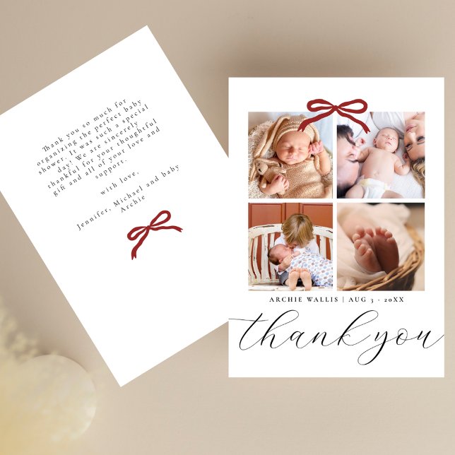 Chic Script Rotes Band 4 Foto Baby Shower Dankeskarte (Von Creator hochgeladen)