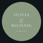 Chic Script Sage Green Minimalist Wedding Runder Aufkleber<br><div class="desc">Add a personal and elegant touch to your wedding favors, envelopes, or packaging with this minimalist round sticker featuring your custom name in a graceful script font. Designed to complement a modern and timeless wedding theme, this classic Sage Green and white design pairs beautifully with any part of your celebration....</div>