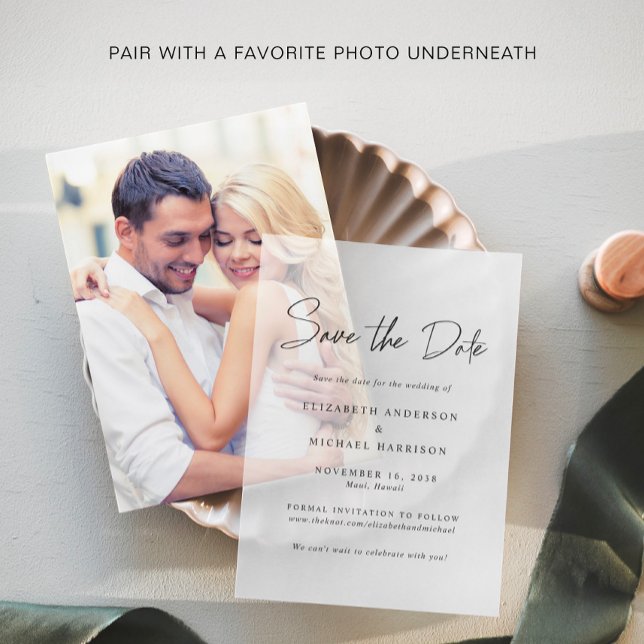 Chic Script Save the Date Vellum Overlay (Elevate your wedding save the date announcements with the timeless beauty of vellum overlays)