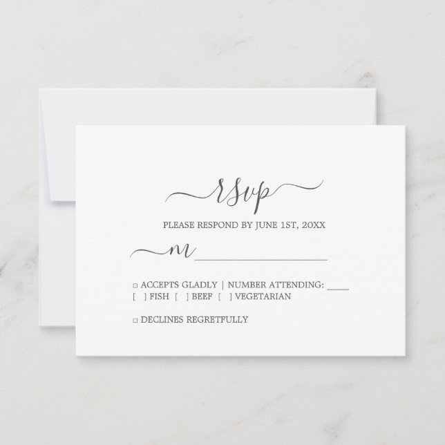 Chic Script Schwarz-weiß Minimal Wedding RSVP Karte (Vorderseite)