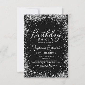 Chic Script Silver Glitzer Black 30. Geburtstag Einladung