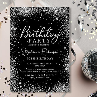 Chic Script Silver Glitzer Black 50. Geburtstag Einladung