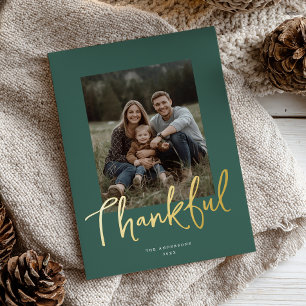 Chic Script Thanksgiving-Foto Dunkelgrün Gold Folien Feiertagskarte