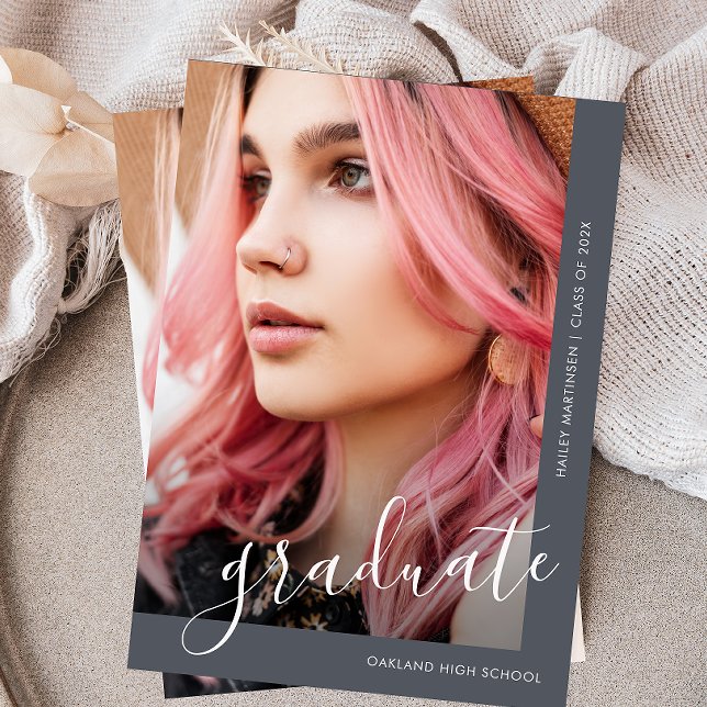 Chic Script Two Foto Blue Abschluss Ankündigung (Von Creator hochgeladen)