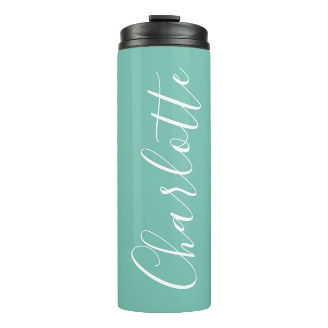 Chic Script Typografie Personalisiert Moderne Aqua Thermosbecher (Vorderseite)