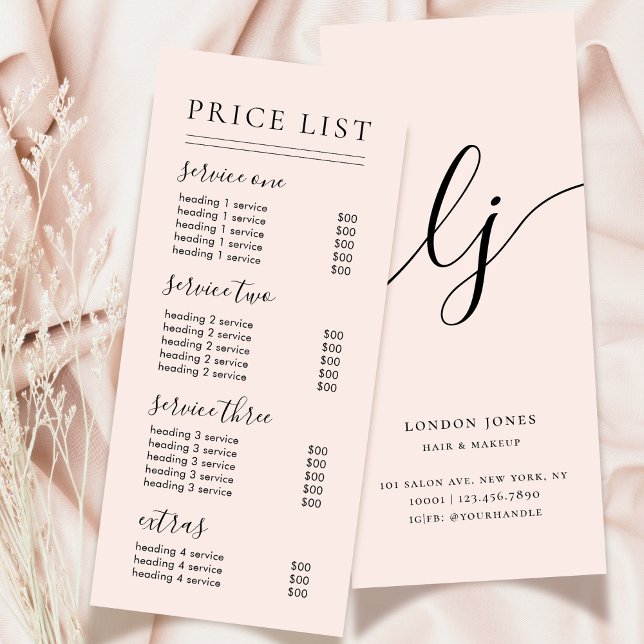 Chic Script Typografy Services Blush-Preisliste Werbekarte (Von Creator hochgeladen)