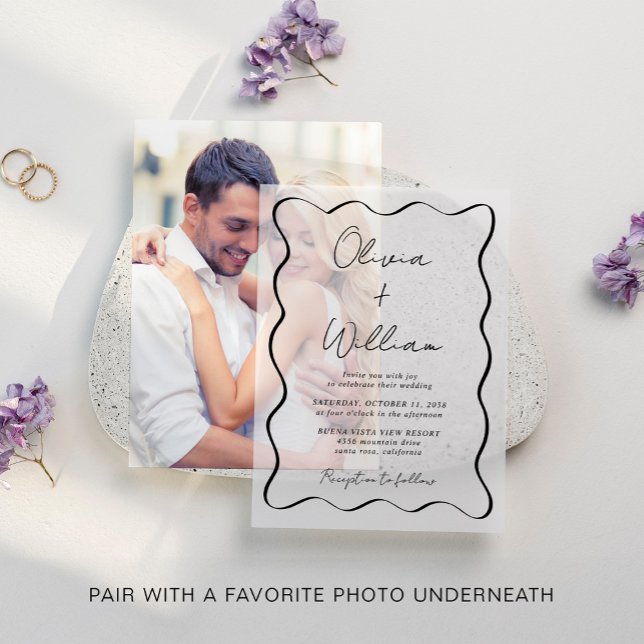 Chic Script Wavy Frame Wedding (Elevate your wedding invitations with the timeless beauty of vellum overlays)
