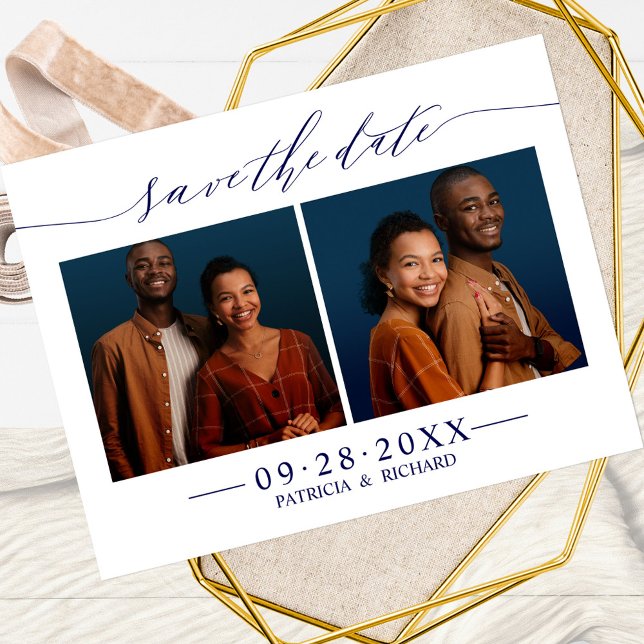 Chic Script Wedding Save the Date 2 Foto Collage Postkarte (Von Creator hochgeladen)