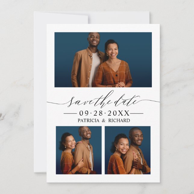 Chic Script Wedding Save the Date 3 Foto Collage Einladung (Vorderseite)