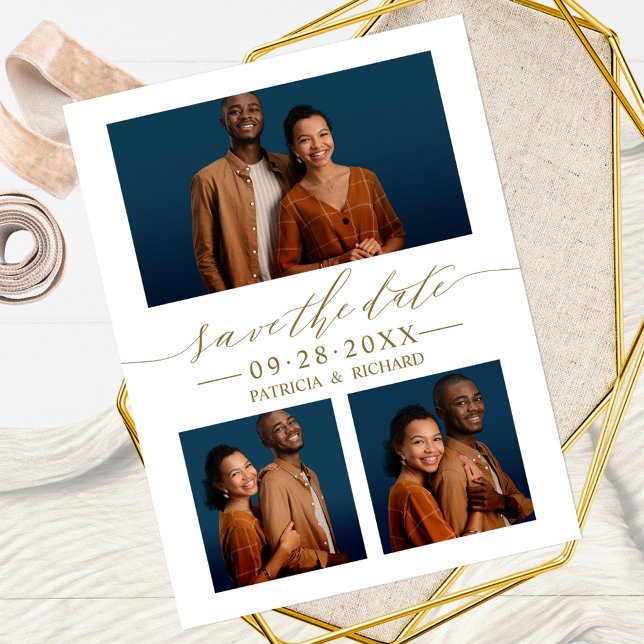 Chic Script Wedding Save the Date 3 Foto Collage Postkarte (Von Creator hochgeladen)