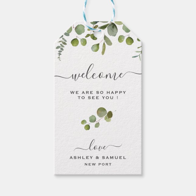 Chic Script Welcome Eucalyptus Wedding Gift Tag Geschenkanhänger (Vorderseite)