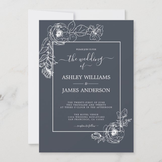 Chic Script White Floral Kontur Dark Blue Wedding Einladung (Vorderseite)
