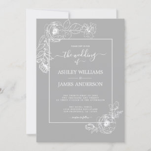 Chic Script White Floral Kontur Gray Wedding Einladung