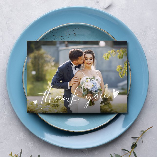 Chic Script Zwei Fotos Hochzeit Danke  (Chic Script Two Photo Wedding Thank You Card)