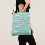 Chic Seafoam Green Personalized Name Collage<br><div class="desc">Chic seaside mint green name collage tote bag decorated in nine different fonts spelling a custom name in white. Cute personalized gift with trendy typography.</div>