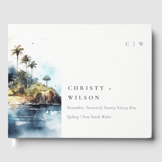 Chic Seascape Palm Tree Island Wasserfarbenprägung Gästebuch (Vorderseite)