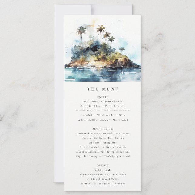 Chic Seascape Palm Tree Island Wedding Menu Card Einladung (Vorderseite)