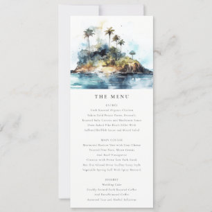 Chic Seascape Palm Tree Island Wedding Menu Card Einladung