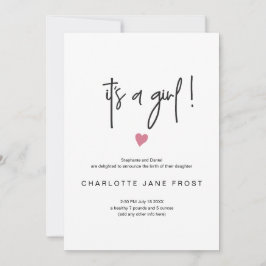 Chic seine a Girl Birth Ankündigung Tiny Pink Herz