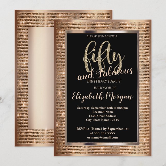 Chic Sequins Frame 50. Geburtstag Einladung (Vorne/Hinten)